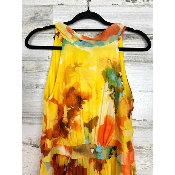 Tahari ASL Womens 10 Yellow Floral Chiffon Halter Neck Lined Tie-Back Maxi Dress - Picture 5 of 8